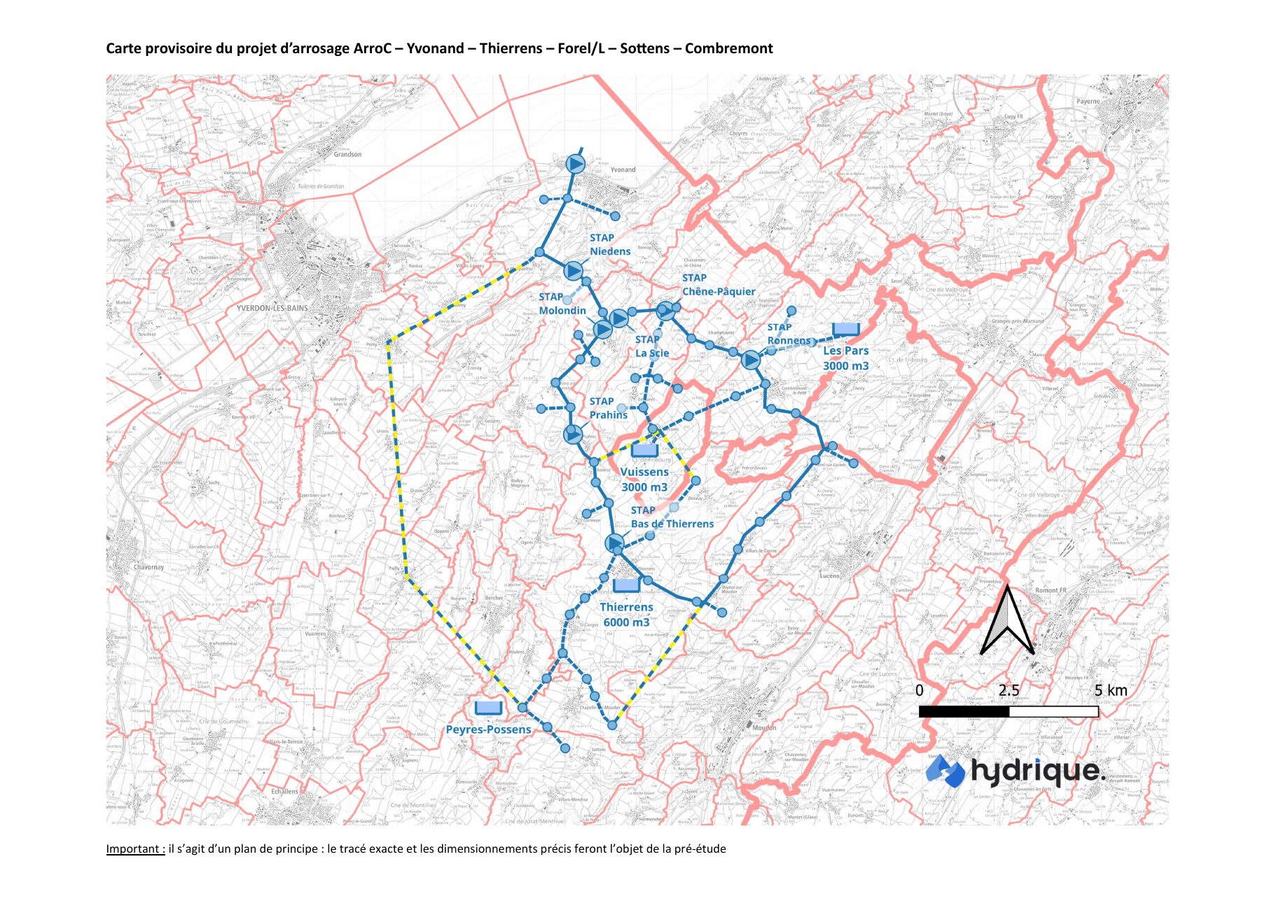 Carte provisoire du réseau ArroC entre Yvonand, Thierrens, Forel-sur-Lucens, Sottens et Combremont, avec stations de pompage et bassins d'altitude